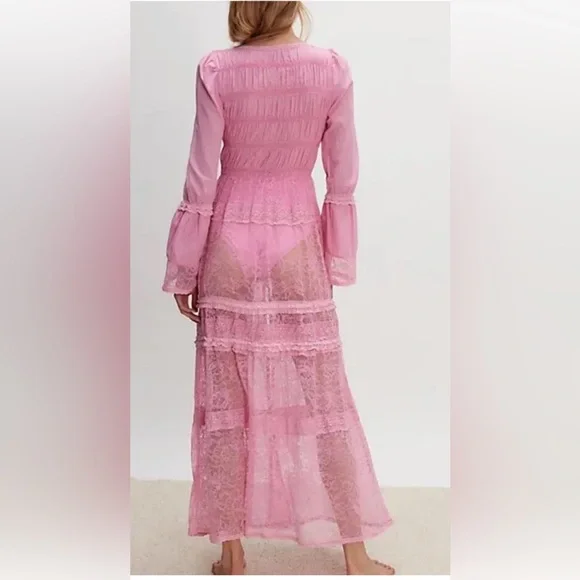 Free People Sweet Saloon Maxi Bodysuit Skirted Floral Mesh Lace BellSleeve Pink